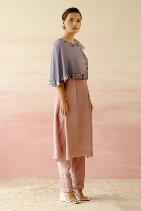 Shweta Aggarwal Beige Chanderi, Crepe, Cotton Satin Geometric Motifs Cape Round Tunic Set With Online at Aza Fashions Shweta Aggarwal_Beige Chanderi, Crepe, Cotton Satin Geometric Motifs Cape Round Tunic Set With _Online_at_Aza_Fashions