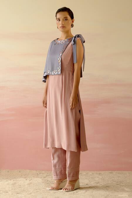 Buy Shweta Aggarwal Beige Chanderi, Crepe, Cotton Satin Geometric Motifs Cape Round Tunic Set With Online at Aza Fashions Buy_Shweta Aggarwal_Beige Chanderi, Crepe, Cotton Satin Geometric Motifs Cape Round Tunic Set With _Online_at_Aza_Fashions