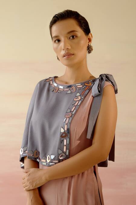 Shweta Aggarwal Beige Chanderi, Crepe, Cotton Satin Geometric Motifs Cape Round Tunic Set With at Aza Fashions Shweta Aggarwal_Beige Chanderi, Crepe, Cotton Satin Geometric Motifs Cape Round Tunic Set With _at_Aza_Fashions