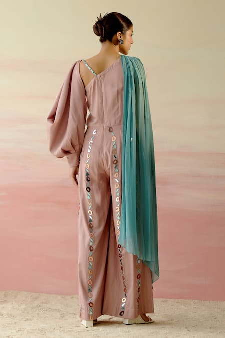 Shop Shweta Aggarwal Beige Georgette, Cotton Satin Geometric Motifs V Draped Color Block Jumpsuit at Aza Fashions Shop_Shweta Aggarwal_Beige Georgette, Cotton Satin Geometric Motifs V Draped Color Block Jumpsuit _at_Aza_Fashions