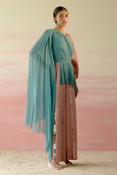 Shweta Aggarwal Beige Georgette, Cotton Satin Geometric Motifs V Draped Color Block Jumpsuit Online at Aza Fashions Shweta Aggarwal_Beige Georgette, Cotton Satin Geometric Motifs V Draped Color Block Jumpsuit _Online_at_Aza_Fashions