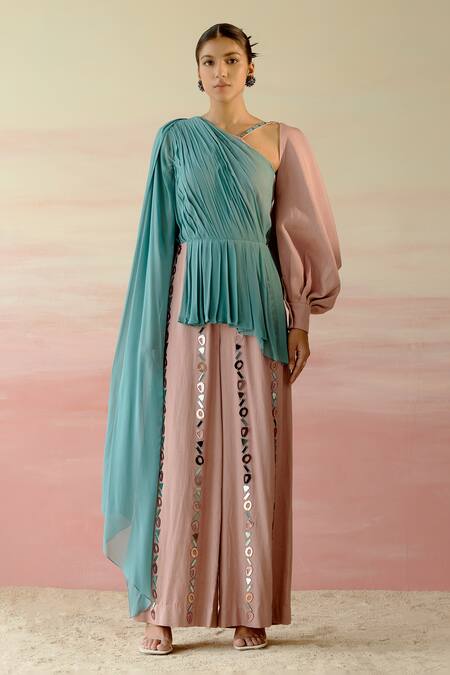 Buy Shweta Aggarwal Beige Georgette, Cotton Satin Geometric Motifs V Draped Color Block Jumpsuit Online at Aza Fashions Buy_Shweta Aggarwal_Beige Georgette, Cotton Satin Geometric Motifs V Draped Color Block Jumpsuit _Online_at_Aza_Fashions