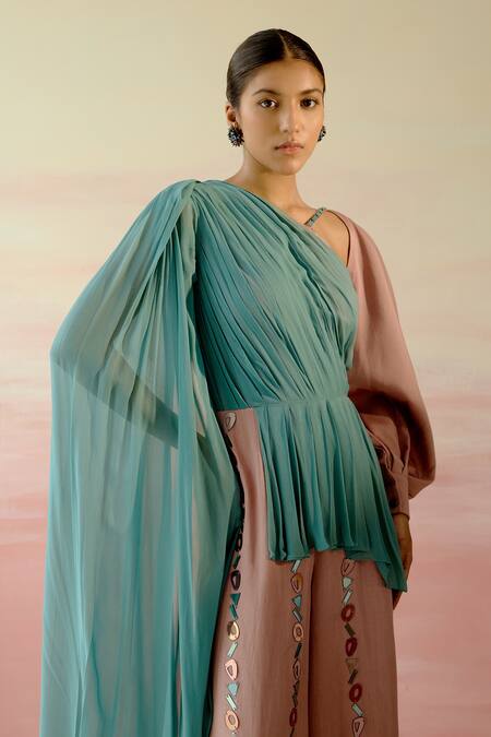 Shop Shweta Aggarwal Beige Georgette, Cotton Satin Geometric Motifs V Draped Color Block Jumpsuit Online at Aza Fashions Shop_Shweta Aggarwal_Beige Georgette, Cotton Satin Geometric Motifs V Draped Color Block Jumpsuit _Online_at_Aza_Fashions