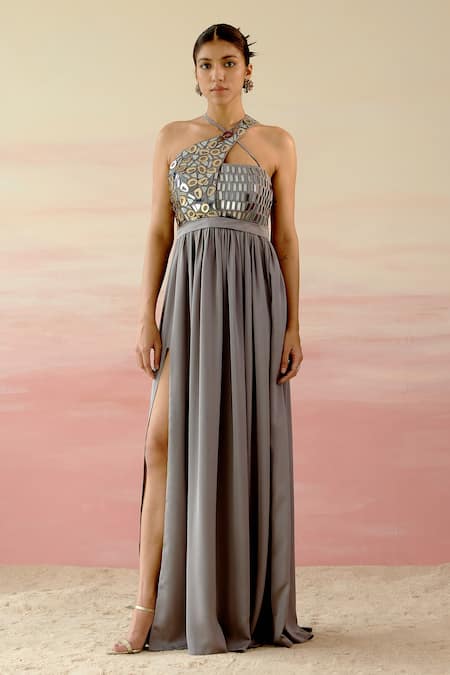 Shweta Aggarwal Grey Nirvana Satin Embellished Geometric Motifs Halter Neck Bodice Slit Gown