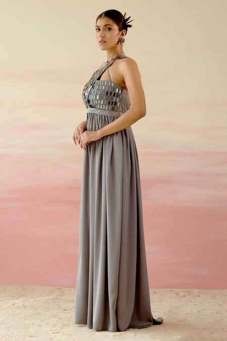 Buy_Shweta Aggarwal_Grey Nirvana Satin Geometric Motifs Halter Neck Embellished Bodice Slit Gown _Online_at_Aza_Fashions