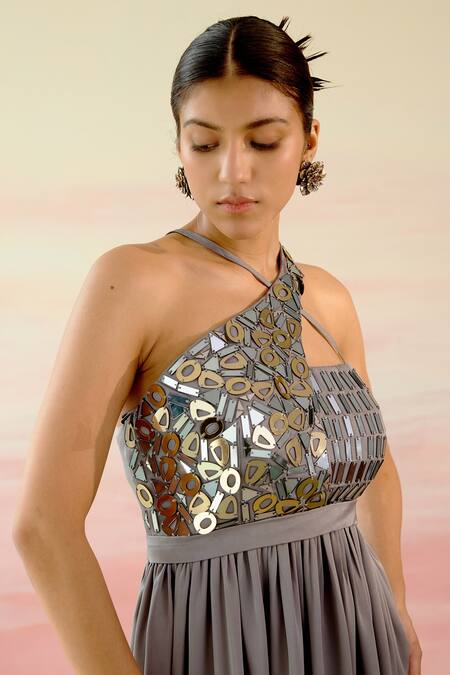 Shop_Shweta Aggarwal_Grey Nirvana Satin Geometric Motifs Halter Neck Embellished Bodice Slit Gown _Online_at_Aza_Fashions