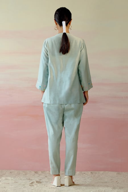 Shop Shweta Aggarwal Green Chanderi, Cotton Satin Polka Dot And Leaf Embroidered Blazer & Pant Set at Aza Fashions Shop_Shweta Aggarwal_Green Chanderi, Cotton Satin Polka Dot And Leaf Embroidered Blazer & Pant Set _at_Aza_Fashions