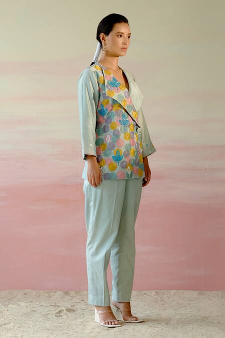 Shweta Aggarwal Green Chanderi, Cotton Satin Polka Dot And Leaf Embroidered Blazer & Pant Set Online at Aza Fashions Shweta Aggarwal_Green Chanderi, Cotton Satin Polka Dot And Leaf Embroidered Blazer & Pant Set _Online_at_Aza_Fashions