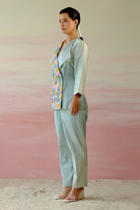 Buy Shweta Aggarwal Green Chanderi, Cotton Satin Polka Dot And Leaf Embroidered Blazer & Pant Set Online at Aza Fashions Buy_Shweta Aggarwal_Green Chanderi, Cotton Satin Polka Dot And Leaf Embroidered Blazer & Pant Set _Online_at_Aza_Fashions