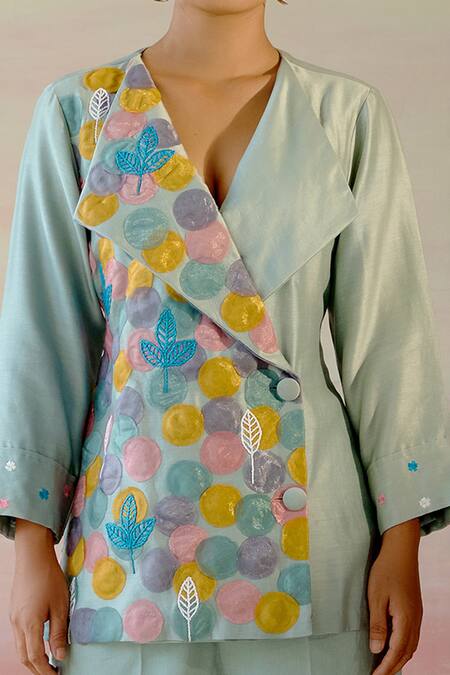 Shop Shweta Aggarwal Green Chanderi, Cotton Satin Polka Dot And Leaf Embroidered Blazer & Pant Set Online at Aza Fashions Shop_Shweta Aggarwal_Green Chanderi, Cotton Satin Polka Dot And Leaf Embroidered Blazer & Pant Set _Online_at_Aza_Fashions