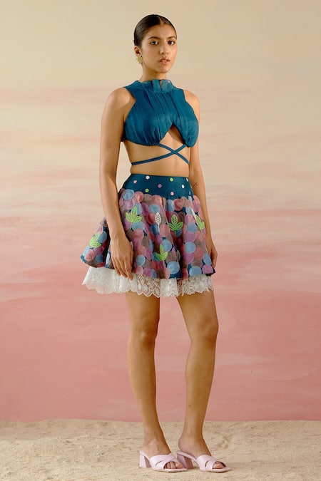 Shweta Aggarwal_Blue Organza, Cotton Satin, Upada Silk Polka Crop Top With Flounce Mini Skirt _Online_at_Aza_Fashions
