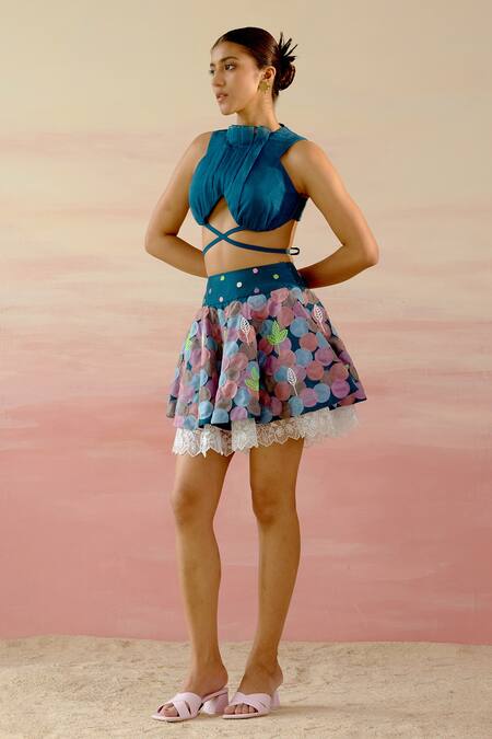 Buy_Shweta Aggarwal_Blue Organza, Cotton Satin, Upada Silk Polka Crop Top With Flounce Mini Skirt _Online_at_Aza_Fashions