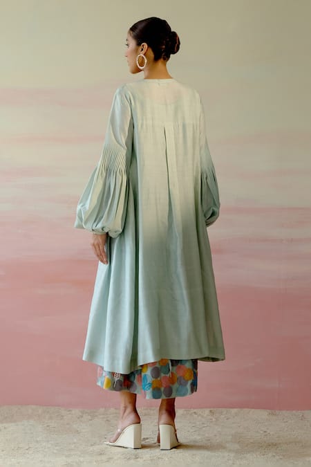 Shop Shweta Aggarwal Green Chanderi, Cotton Mul Polka Dots V Neck Pleated Layered Dress at Aza Fashions Shop_Shweta Aggarwal_Green Chanderi, Cotton Mul Polka Dots V Neck Pleated Layered Dress _at_Aza_Fashions