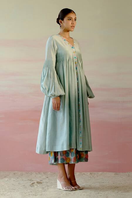 Shweta Aggarwal Green Chanderi, Cotton Mul Polka Dots V Neck Pleated Layered Dress Online at Aza Fashions Shweta Aggarwal_Green Chanderi, Cotton Mul Polka Dots V Neck Pleated Layered Dress _Online_at_Aza_Fashions