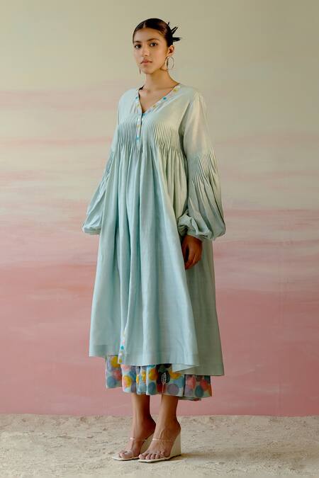 Buy Shweta Aggarwal Green Chanderi, Cotton Mul Polka Dots V Neck Pleated Layered Dress Online at Aza Fashions Buy_Shweta Aggarwal_Green Chanderi, Cotton Mul Polka Dots V Neck Pleated Layered Dress _Online_at_Aza_Fashions