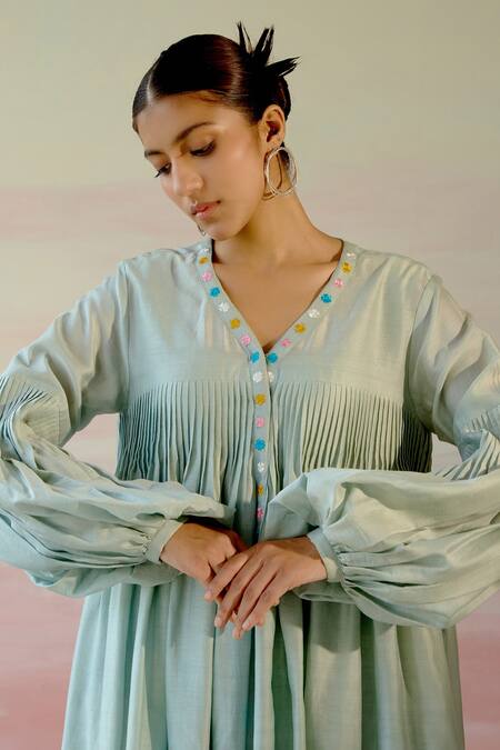 Shop Shweta Aggarwal Green Chanderi, Cotton Mul Polka Dots V Neck Pleated Layered Dress Online at Aza Fashions Shop_Shweta Aggarwal_Green Chanderi, Cotton Mul Polka Dots V Neck Pleated Layered Dress _Online_at_Aza_Fashions