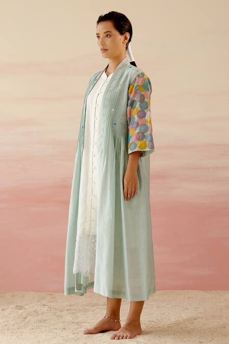 Buy_Shweta Aggarwal_Green Organza, Chanderi Patchwork Appliques Polka Dot Embroidered Cape With _Online_at_Aza_Fashions