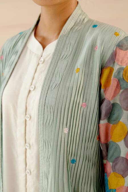 Shop_Shweta Aggarwal_Green Organza, Chanderi Patchwork Appliques Polka Dot Embroidered Cape With _Online_at_Aza_Fashions