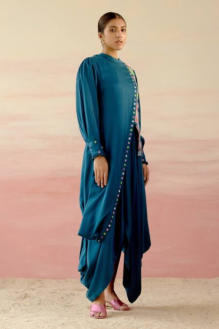Shweta Aggarwal_Blue Cotton Satin Polka Dot Patchwork Band Collar Cowl Draped Gown _Online_at_Aza_Fashions