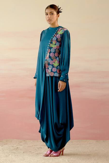 Buy_Shweta Aggarwal_Blue Cotton Satin Polka Dot Patchwork Band Collar Cowl Draped Gown _Online_at_Aza_Fashions