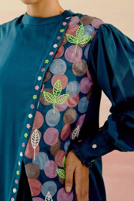 Shop_Shweta Aggarwal_Blue Cotton Satin Polka Dot Patchwork Band Collar Cowl Draped Gown _Online_at_Aza_Fashions