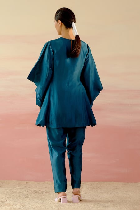 Shop Shweta Aggarwal Blue Chanderi, Upada Silk Polka Dot And Leaf Motifs Embroidered Tunic & Pant Set at Aza Fashions Shop_Shweta Aggarwal_Blue Chanderi, Upada Silk Polka Dot And Leaf Motifs Embroidered Tunic & Pant Set _at_Aza_Fashions