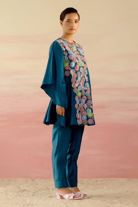 Shweta Aggarwal Blue Chanderi, Upada Silk Polka Dot And Leaf Motifs Embroidered Tunic & Pant Set Online at Aza Fashions Shweta Aggarwal_Blue Chanderi, Upada Silk Polka Dot And Leaf Motifs Embroidered Tunic & Pant Set _Online_at_Aza_Fashions