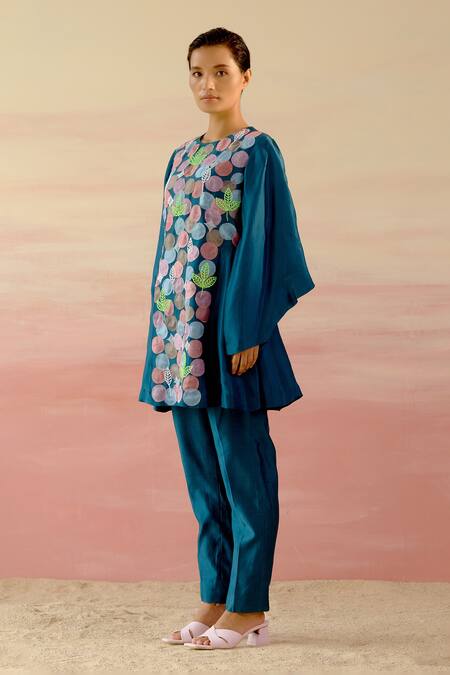 Buy Shweta Aggarwal Blue Chanderi, Upada Silk Polka Dot And Leaf Motifs Embroidered Tunic & Pant Set Online at Aza Fashions Buy_Shweta Aggarwal_Blue Chanderi, Upada Silk Polka Dot And Leaf Motifs Embroidered Tunic & Pant Set _Online_at_Aza_Fashions