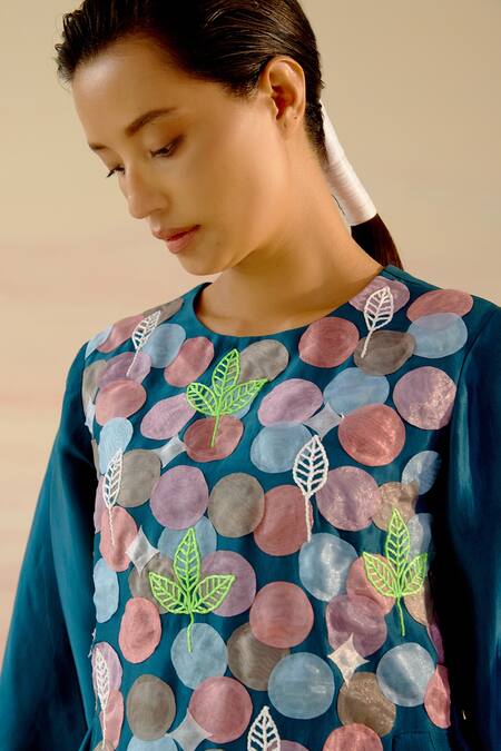 Shweta Aggarwal Blue Chanderi, Upada Silk Polka Dot And Leaf Motifs Embroidered Tunic & Pant Set at Aza Fashions Shweta Aggarwal_Blue Chanderi, Upada Silk Polka Dot And Leaf Motifs Embroidered Tunic & Pant Set _at_Aza_Fashions