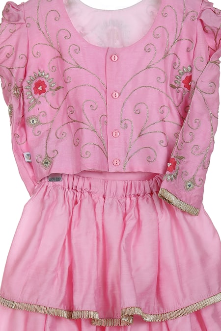 MI Dulce AN'YA_Pink Handloom Cotton, Silk, Cotton, Chanderi Tiered Lehenga With Blouse _Online_at_Aza_Fashions