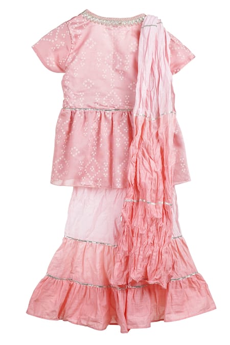 Shop MI Dulce AN'YA Pink Cotton, Chanderi, Silk Zari, Gota Patti Shibori Print Kurta Sharara Set at Aza Fashions Shop_MI Dulce AN'YA_Pink Cotton, Chanderi, Silk Zari, Gota Patti Shibori Print Kurta Sharara Set _at_Aza_Fashions