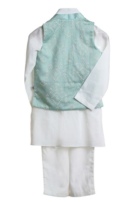 Shop MI Dulce AN'YA Green Cotton, Handloom Cotton, Silk, Chanderi Bandhani Print Kurta And Bundi Set at Aza Fashions Shop_MI Dulce AN'YA_Green Cotton, Handloom Cotton, Silk, Chanderi Bandhani Print Kurta And Bundi Set _at_Aza_Fashions