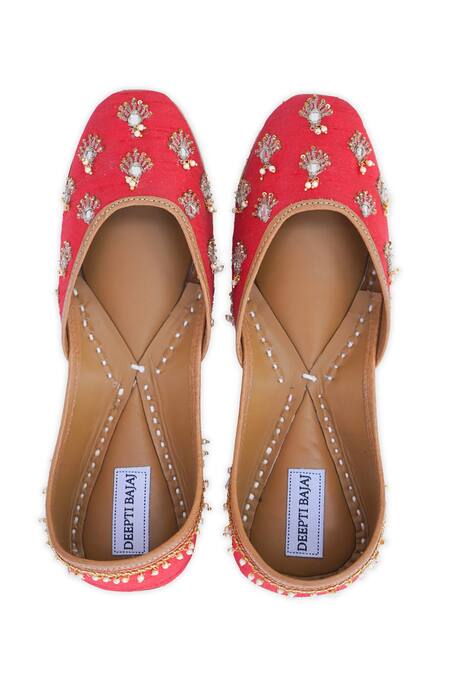Label Deepti Bajaj_Red Embroidered Freesia Silk Juttis _Online_at_Aza_Fashions