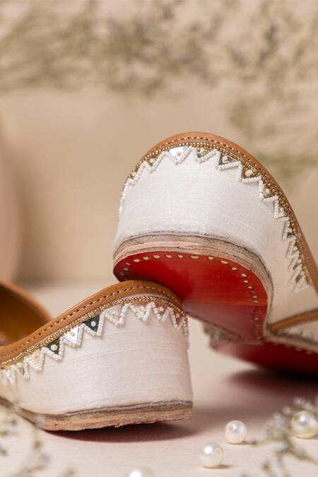 Shop_Label Deepti Bajaj_Ivory Pearl Embroidered Silk Juttis _Online_at_Aza_Fashions