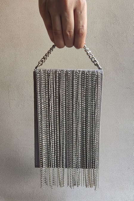 Plode Silver Embellished Vegan Suede Tasselled Disco Bag 