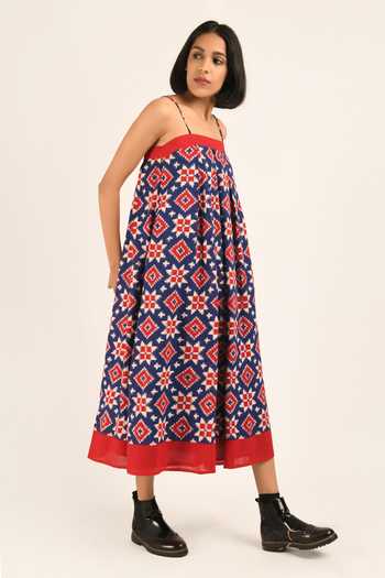 Indigo Dreams_Red Handwoven Telia Rumal Mahabaleshwar Geometric Woven Dress_Online_at_Aza_Fashions