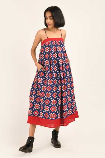 Shop_Indigo Dreams_Red Handwoven Telia Rumal Mahabaleshwar Geometric Woven Dress_Online_at_Aza_Fashions