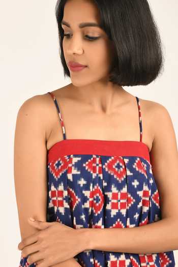 Indigo Dreams_Red Handwoven Telia Rumal Mahabaleshwar Geometric Woven Dress_at_Aza_Fashions
