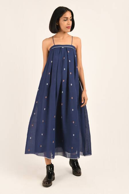 Buy_Indigo Dreams_Blue 100% Cotton Geometric Straight Jane Handwoven Jamdani Dress_Online_at_Aza_Fashions