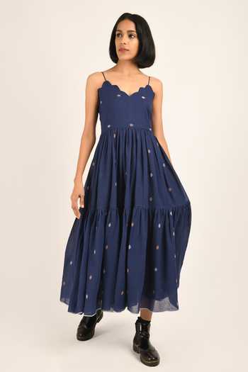 Ice blue boxy V neck jamdani dress