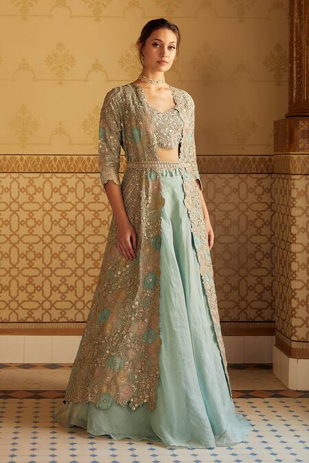 Osaa By Adarsh_Blue Tissue Sequin, Thread And Beads V Neck Embroidered Jacket Lehenga Set_Online_at_Aza_Fashions