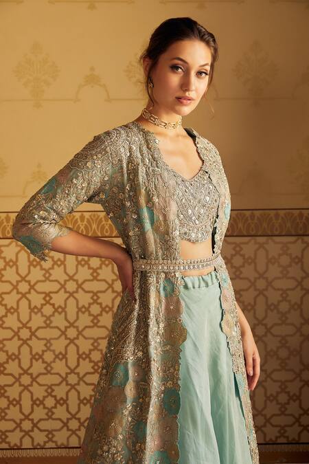 Buy_Osaa By Adarsh_Blue Tissue Sequin, Thread And Beads V Neck Embroidered Jacket Lehenga Set_Online_at_Aza_Fashions