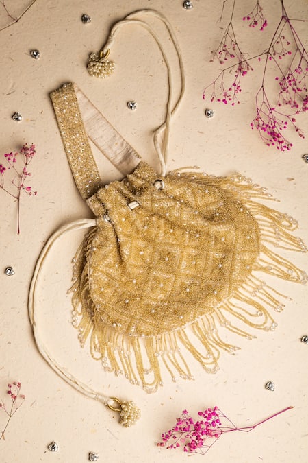Shop_Ara Studio_Gold Embellished Day Lily Potli With Sling_Online_at_Aza_Fashions