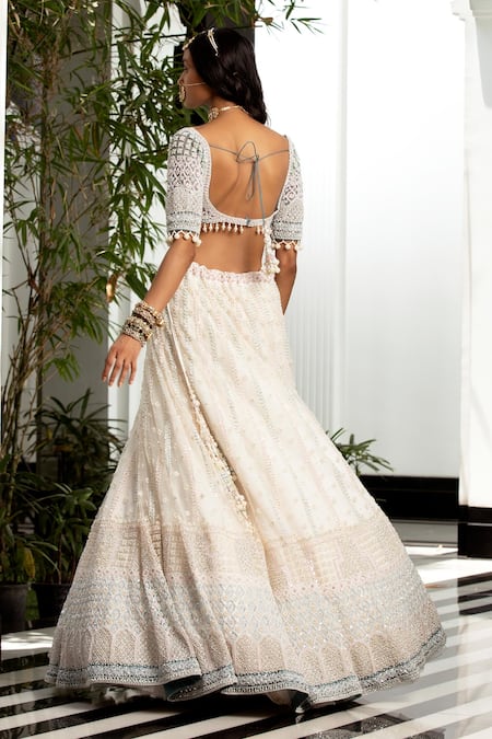 Shop_Roqa_White Butterfly Net Pearl, Sequins Sweetheart Embroidered Bridal Lehenga Set _at_Aza_Fashions
