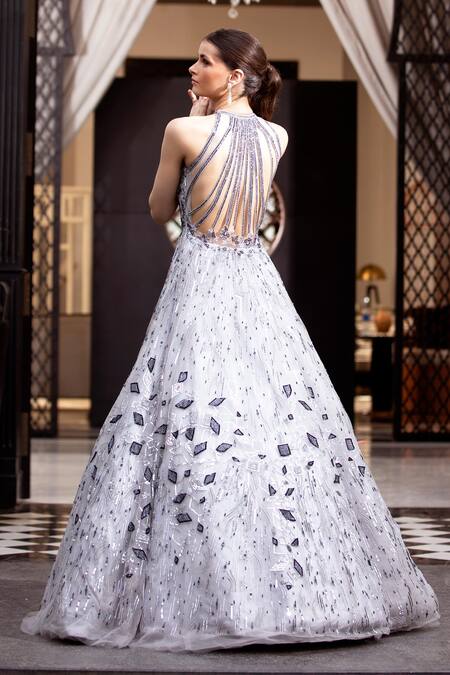 Buy Grey Butterfly Net Hand Embroidered Abstract Motifs Round Gown