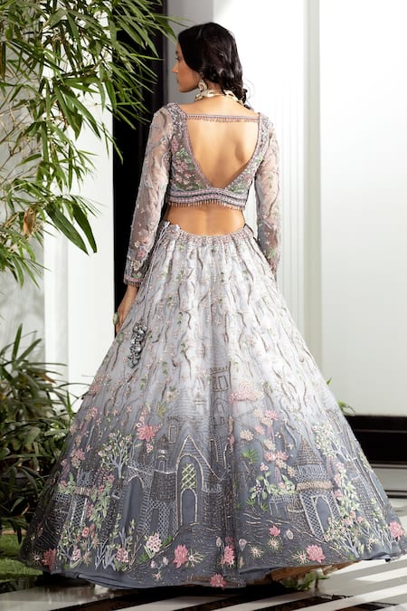 Shop Roqa Grey Butterfly Net Architecture And Embroidered Ombre Lehenga & Blouse Set at Aza Fashions Shop_Roqa_Grey Butterfly Net Architecture And Embroidered Ombre Lehenga & Blouse Set_at_Aza_Fashions