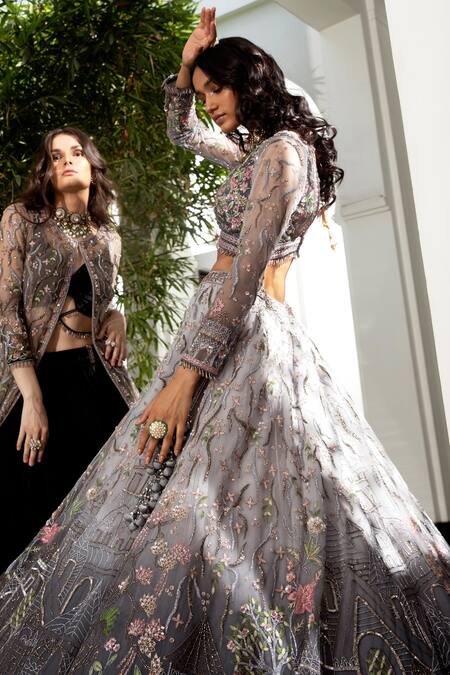 Roqa Grey Butterfly Net Architecture And Embroidered Ombre Lehenga & Blouse Set Online at Aza Fashions Roqa_Grey Butterfly Net Architecture And Embroidered Ombre Lehenga & Blouse Set_Online_at_Aza_Fashions