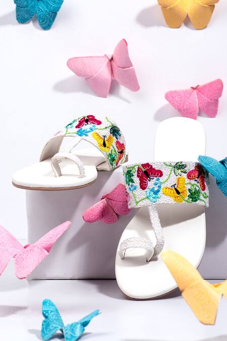 Shop Kasually Klassy White Embroidery Butterfly Leather Flats at Aza Fashions Shop_Kasually Klassy_White Embroidery Butterfly Leather Flats_at_Aza_Fashions