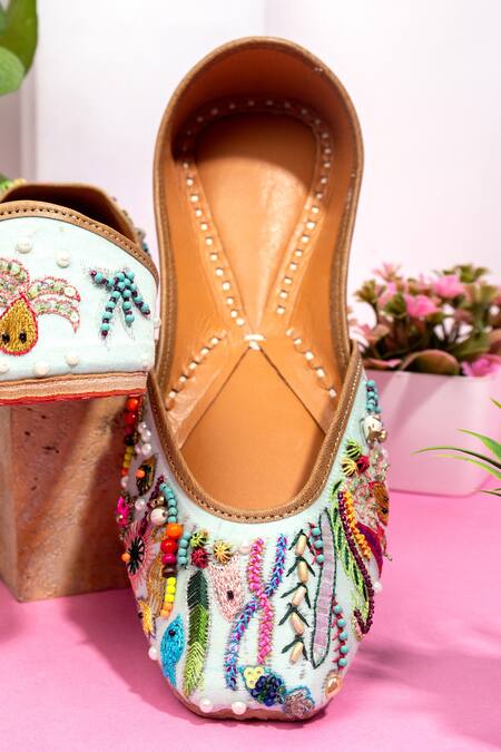 Shop Kasually Klassy Blue Leather Embroidered Juttis at Aza Fashions Shop_Kasually Klassy_Blue Leather Embroidered Juttis_at_Aza_Fashions