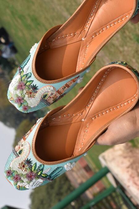 Shop Kasually Klassy Blue Leather Embroidered Juttis at Aza Fashions Shop_Kasually Klassy_Blue Leather Embroidered Juttis_at_Aza_Fashions